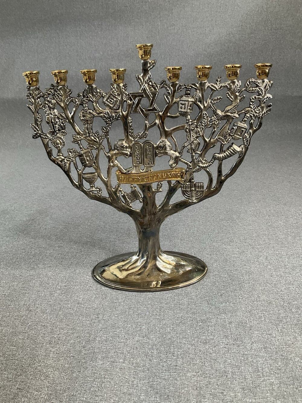 Vintage Godinger Silver & Gold Tone Hanukkah Menorah Tree of Life Judaica 11"
